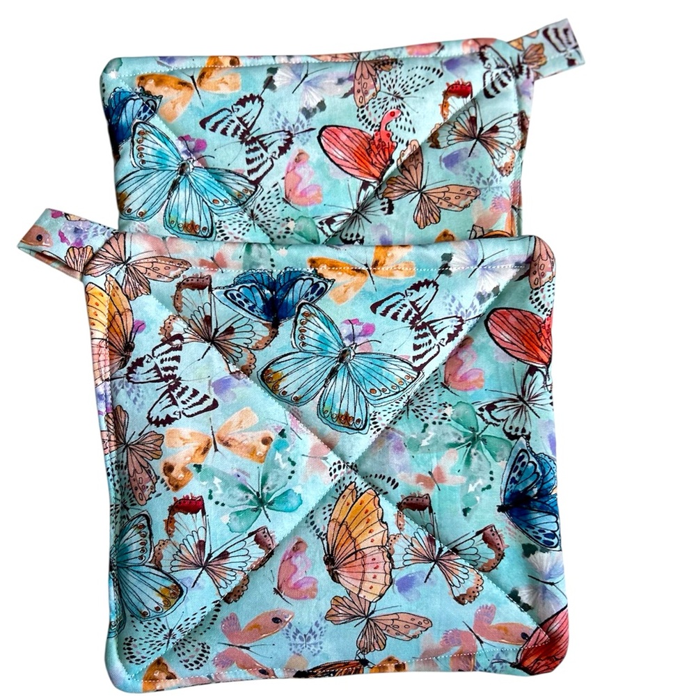 Hand Crafted Colorful Butterflies Pot Holders or Hot Mat Two Cotton Trivets